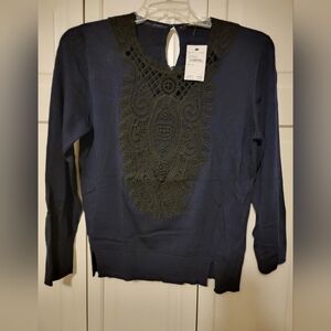 Kobi Halperin Women's Navy Sweater with Black Lace Detail Size Large NWT